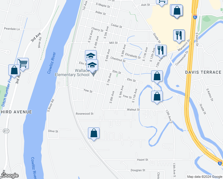 map of restaurants, bars, coffee shops, grocery stores, and more near 1307 South 8th Avenue in Kelso