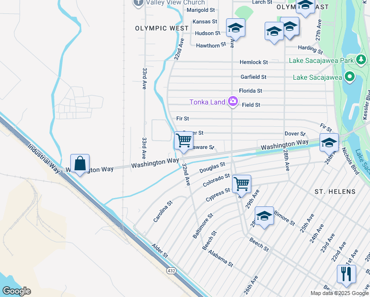 map of restaurants, bars, coffee shops, grocery stores, and more near 3141 Delaware Street in Longview