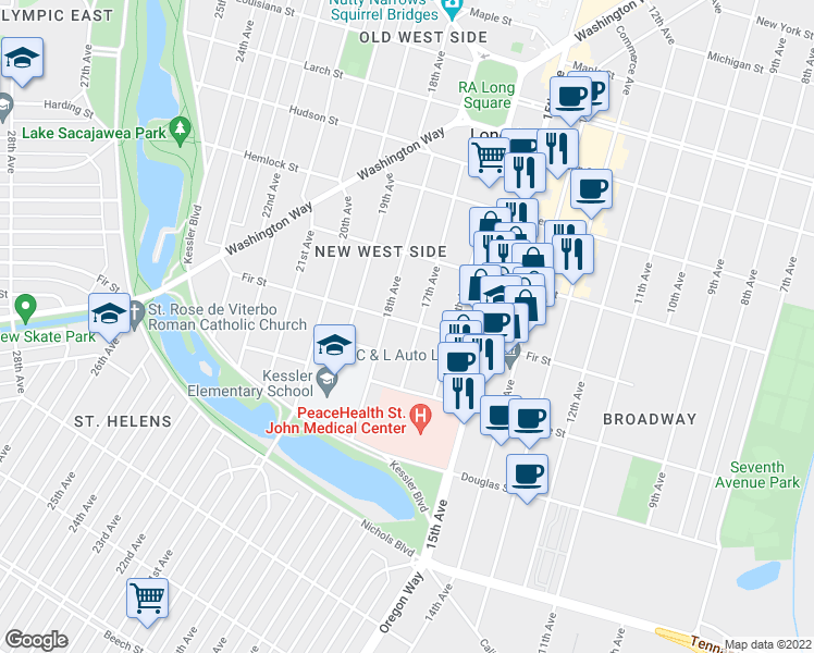 map of restaurants, bars, coffee shops, grocery stores, and more near 1725 Fir Street in Longview