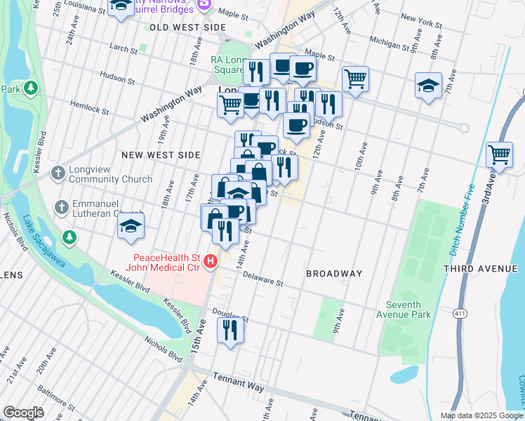 map of restaurants, bars, coffee shops, grocery stores, and more near 1018 14th Avenue in Longview