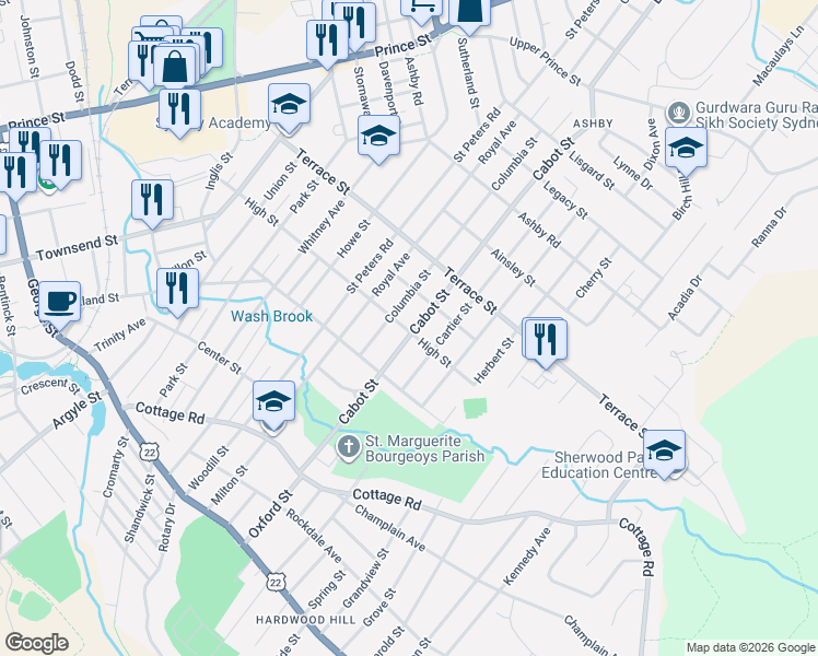map of restaurants, bars, coffee shops, grocery stores, and more near 171 Cabot Street in Sydney