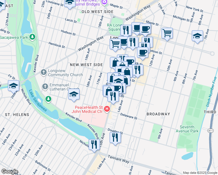 map of restaurants, bars, coffee shops, grocery stores, and more near 1551 Fir Street in Longview