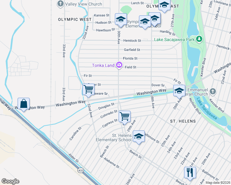 map of restaurants, bars, coffee shops, grocery stores, and more near 805 30th Avenue in Longview