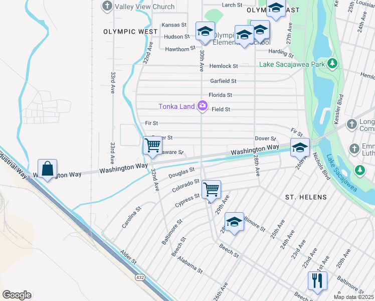 map of restaurants, bars, coffee shops, grocery stores, and more near 3038 Washington Way in Longview