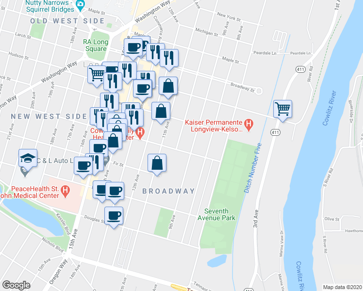 map of restaurants, bars, coffee shops, grocery stores, and more near 1064 9th Avenue in Longview