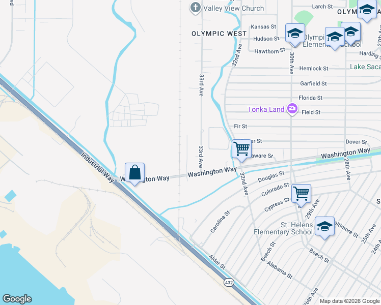 map of restaurants, bars, coffee shops, grocery stores, and more near 761 34th Avenue in Longview