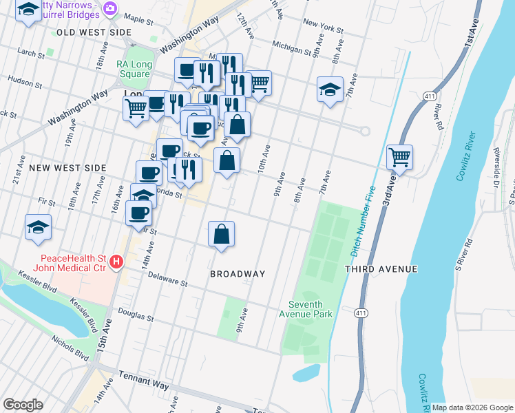 map of restaurants, bars, coffee shops, grocery stores, and more near 1148 10th Avenue in Longview