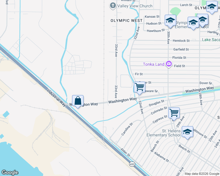 map of restaurants, bars, coffee shops, grocery stores, and more near 865 34th Avenue in Longview