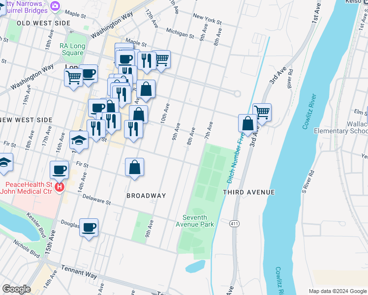 map of restaurants, bars, coffee shops, grocery stores, and more near 1135 8th Avenue in Longview