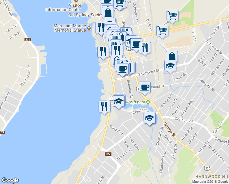 map of restaurants, bars, coffee shops, grocery stores, and more near 571 Esplanade Road in Sydney
