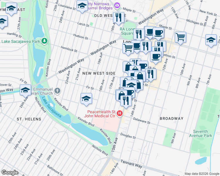 map of restaurants, bars, coffee shops, grocery stores, and more near 1045 17th Avenue in Longview