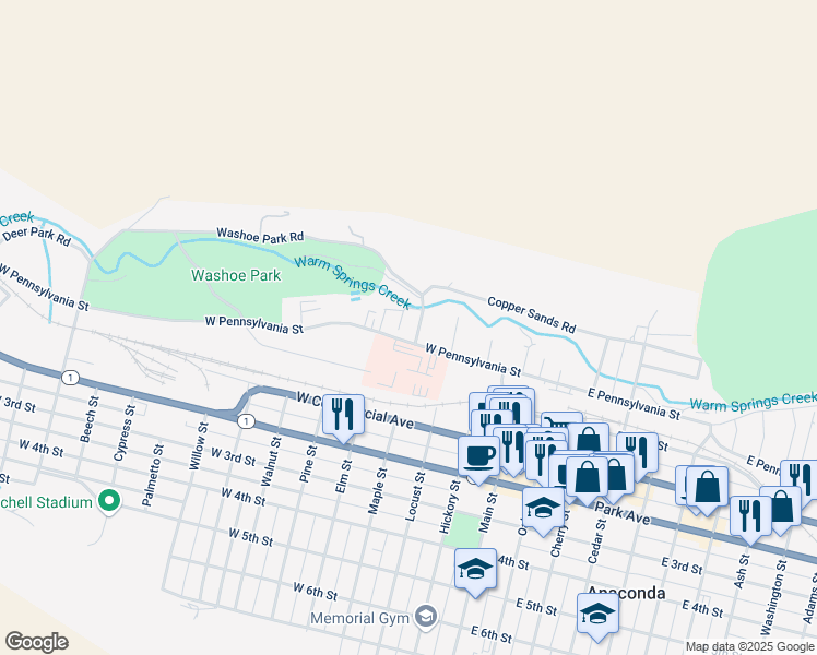 map of restaurants, bars, coffee shops, grocery stores, and more near 116 North Maple Street in Anaconda