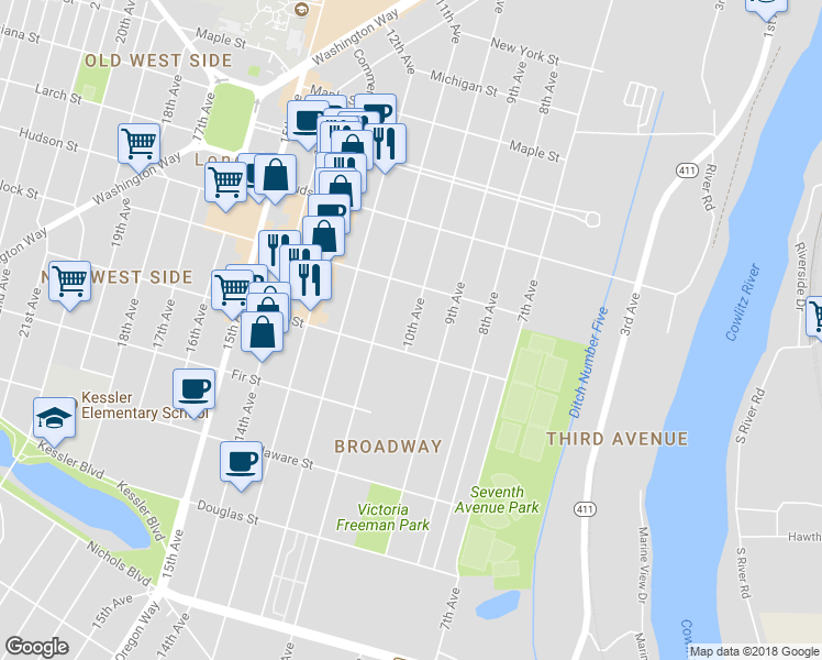 map of restaurants, bars, coffee shops, grocery stores, and more near 1125 10th Avenue in Longview