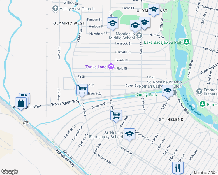 map of restaurants, bars, coffee shops, grocery stores, and more near in Longview