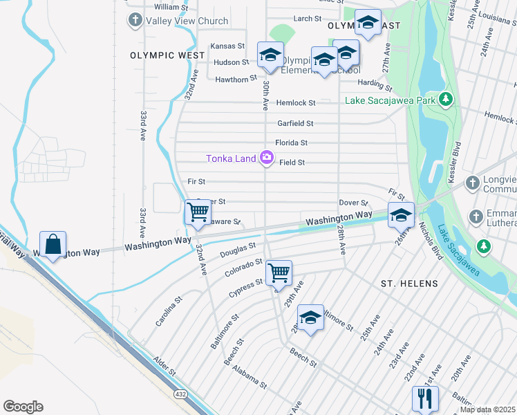 map of restaurants, bars, coffee shops, grocery stores, and more near in Longview