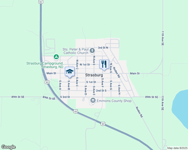 map of restaurants, bars, coffee shops, grocery stores, and more near in Strasburg