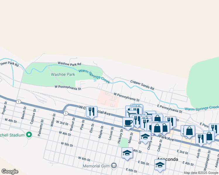 map of restaurants, bars, coffee shops, grocery stores, and more near 116 North Maple Street in Anaconda