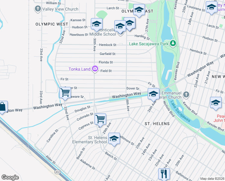 map of restaurants, bars, coffee shops, grocery stores, and more near 2842 Dover Street in Longview