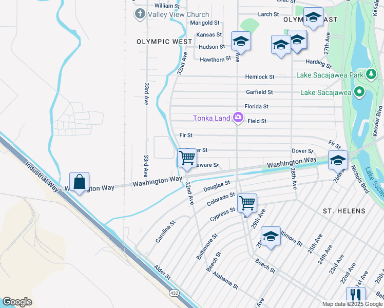 map of restaurants, bars, coffee shops, grocery stores, and more near 3139 Dover Street in Longview
