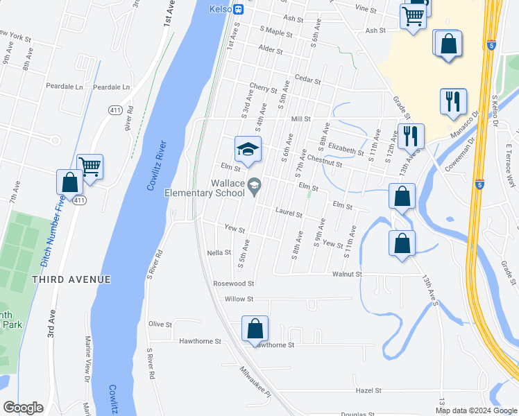 map of restaurants, bars, coffee shops, grocery stores, and more near 1300 South 5th Avenue in Kelso
