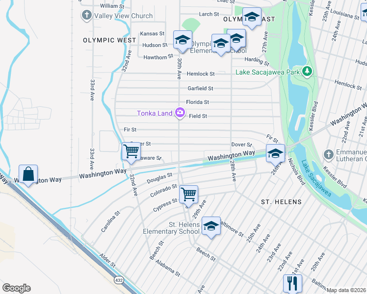 map of restaurants, bars, coffee shops, grocery stores, and more near 2949 Dover Street in Longview