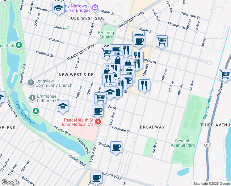map of restaurants, bars, coffee shops, grocery stores, and more near 1100 14th Avenue in Longview