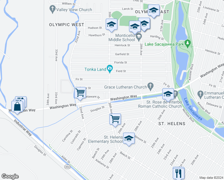 map of restaurants, bars, coffee shops, grocery stores, and more near 2949 Dover Street in Longview
