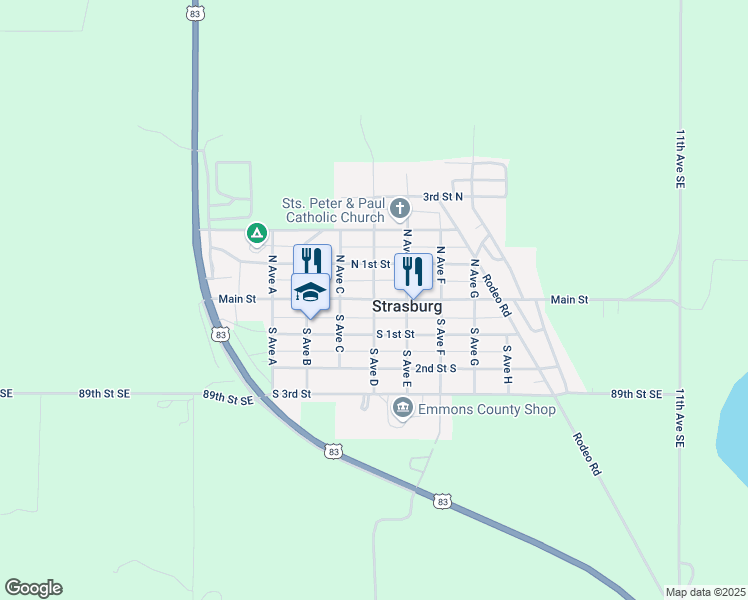 map of restaurants, bars, coffee shops, grocery stores, and more near 421 Main Street in Strasburg