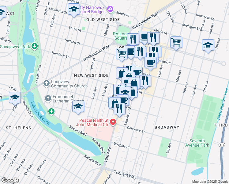 map of restaurants, bars, coffee shops, grocery stores, and more near 1054 16th Avenue in Longview