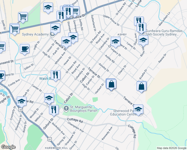 map of restaurants, bars, coffee shops, grocery stores, and more near 258 Terrace Street in Sydney
