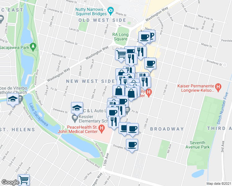 map of restaurants, bars, coffee shops, grocery stores, and more near 1052 16th Avenue in Longview