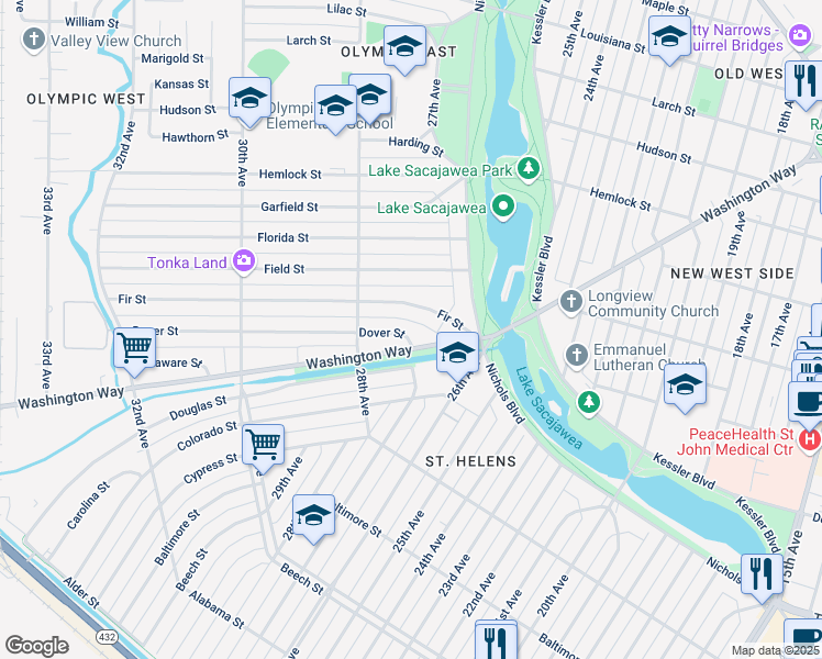 map of restaurants, bars, coffee shops, grocery stores, and more near 2640 Washington Way in Longview