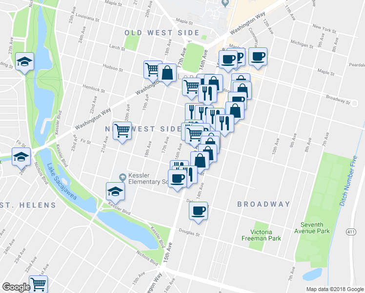 map of restaurants, bars, coffee shops, grocery stores, and more near 1054 16th Avenue in Longview