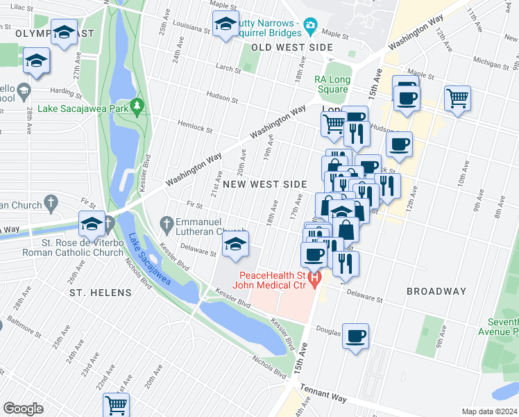 map of restaurants, bars, coffee shops, grocery stores, and more near 1022 19th Avenue in Longview