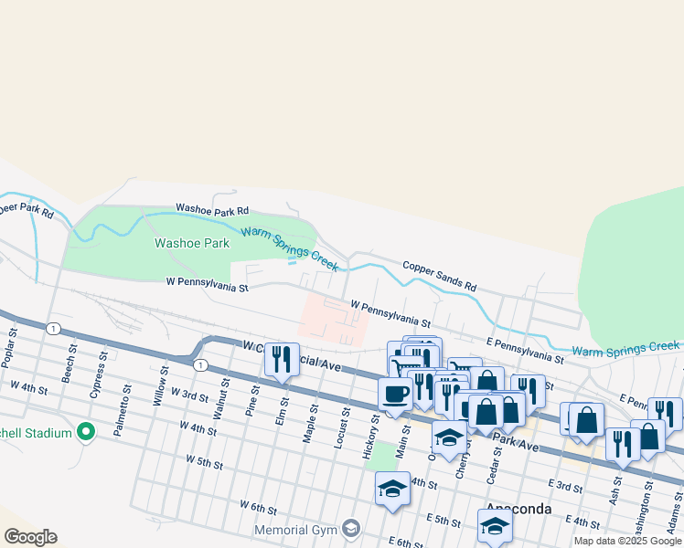 map of restaurants, bars, coffee shops, grocery stores, and more near 116 North Maple Street in Anaconda