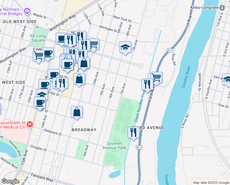map of restaurants, bars, coffee shops, grocery stores, and more near 775 Hemlock Street in Longview