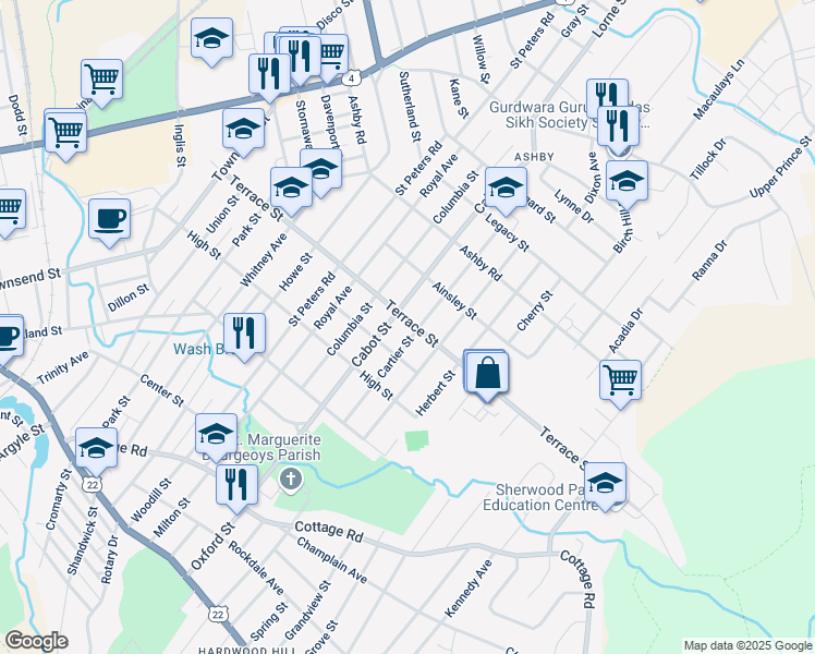 map of restaurants, bars, coffee shops, grocery stores, and more near 258 Terrace Street in Sydney