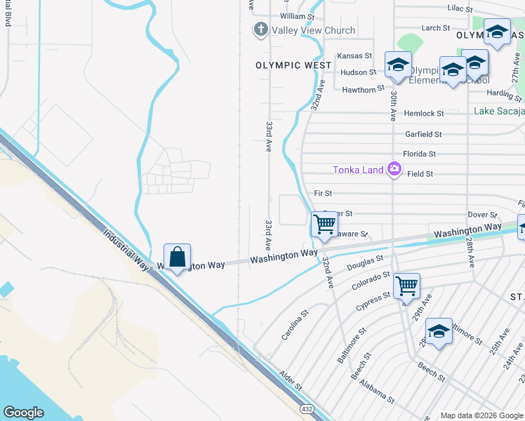 map of restaurants, bars, coffee shops, grocery stores, and more near 855 33rd Avenue in Longview