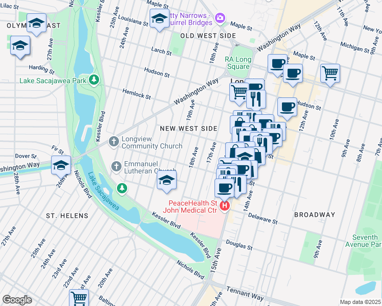 map of restaurants, bars, coffee shops, grocery stores, and more near 1027 18th Avenue in Longview