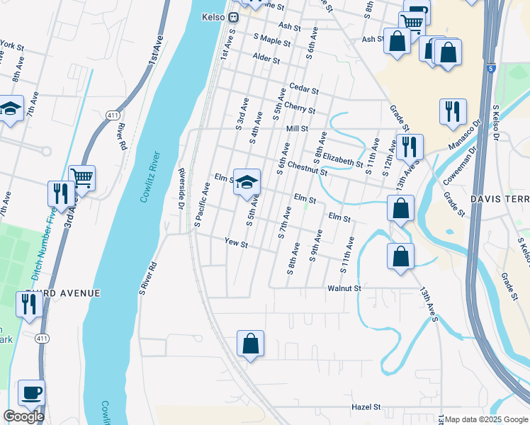 map of restaurants, bars, coffee shops, grocery stores, and more near 1213 South 6th Avenue in Kelso