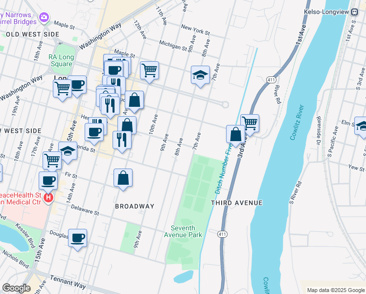 map of restaurants, bars, coffee shops, grocery stores, and more near 775 Hemlock Street in Longview