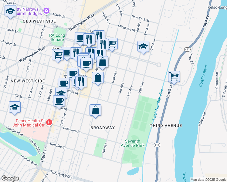 map of restaurants, bars, coffee shops, grocery stores, and more near 1148 10th Avenue in Longview