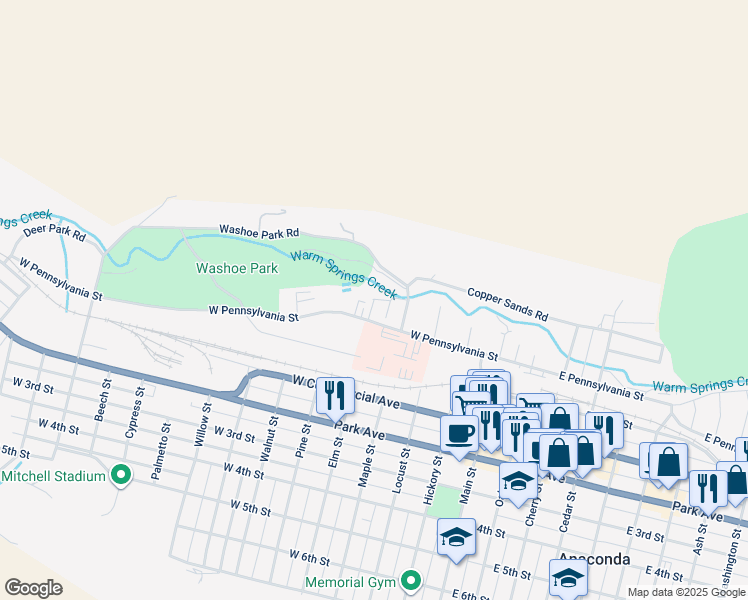 map of restaurants, bars, coffee shops, grocery stores, and more near 198 North Elm Street in Anaconda