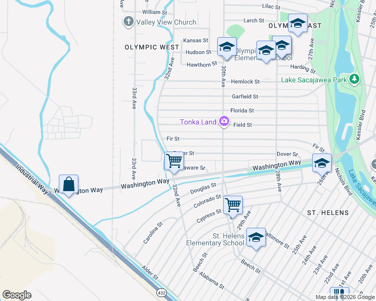 map of restaurants, bars, coffee shops, grocery stores, and more near 3122 Dover Street in Longview