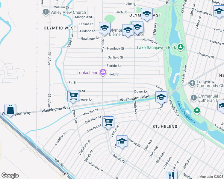 map of restaurants, bars, coffee shops, grocery stores, and more near 2924 Dover Street in Longview