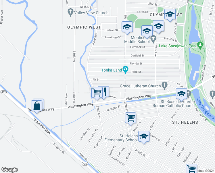 map of restaurants, bars, coffee shops, grocery stores, and more near 3108 Dover Street in Longview