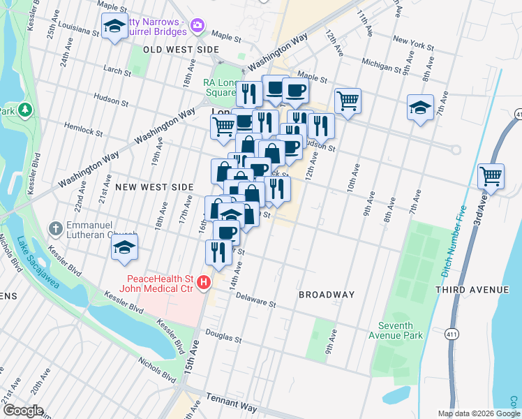 map of restaurants, bars, coffee shops, grocery stores, and more near 1100 14th Avenue in Longview