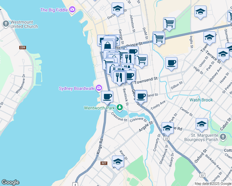 map of restaurants, bars, coffee shops, grocery stores, and more near 512 Charlotte Street in Sydney