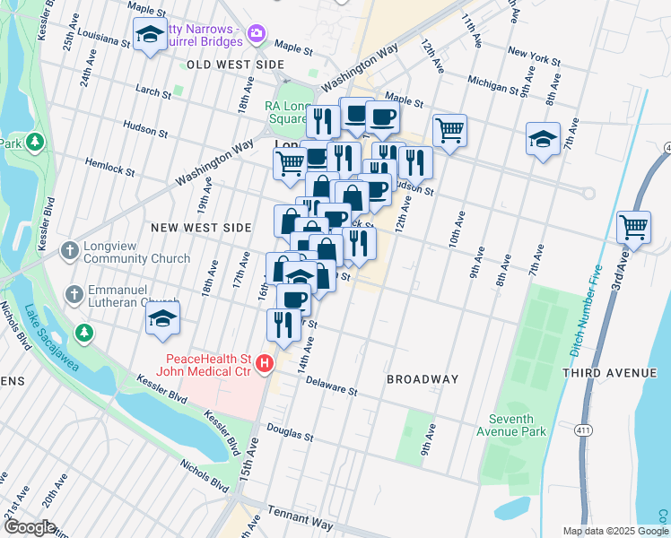 map of restaurants, bars, coffee shops, grocery stores, and more near 1100 14th Avenue in Longview