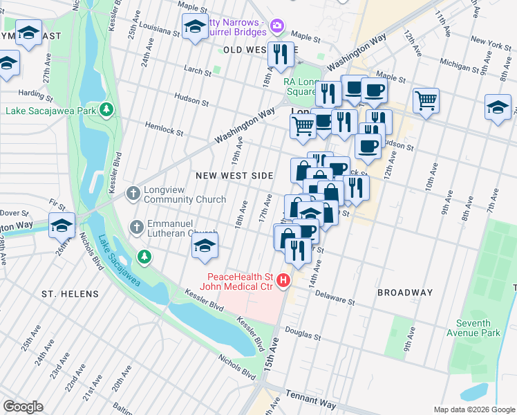 map of restaurants, bars, coffee shops, grocery stores, and more near 1045 17th Avenue in Longview